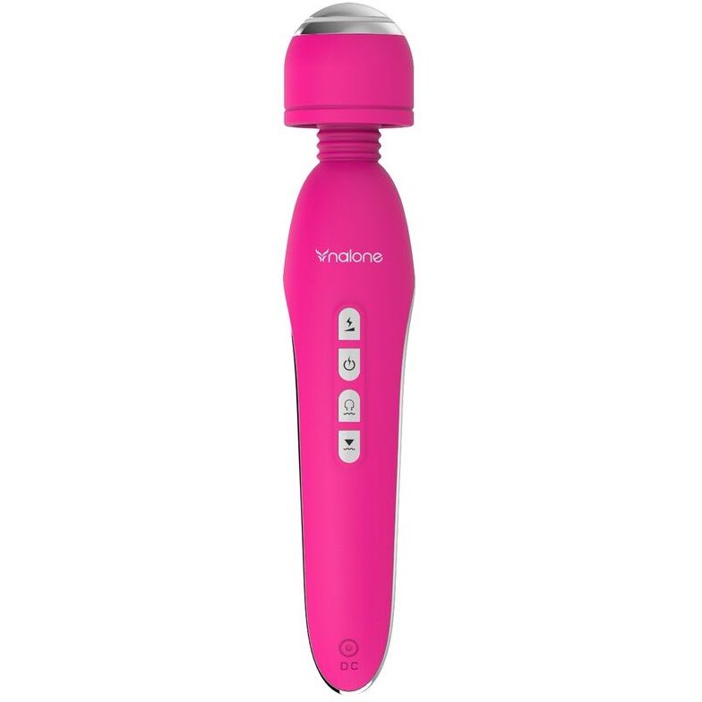 Stimulateur vibrant Nalone rose de face, manche droit en silicone et boutons de commande, tête massante à micro-courants. Électrostimulation et vibration combinées, étanche.