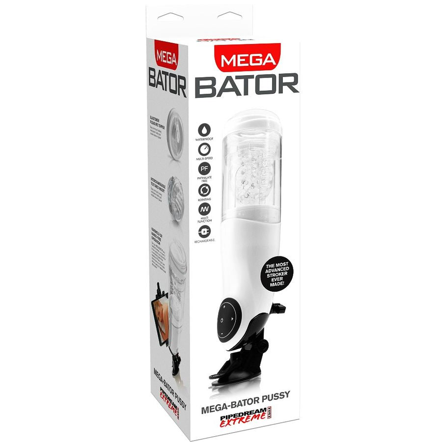 Boîte d'emballage Mega Bator Pussy Pipedream Extreme, packaging blanc et noir avec pictogrammes des fonctions (étanche, multi-vitesses, rotatif) et aperçu de l'insert texturé.