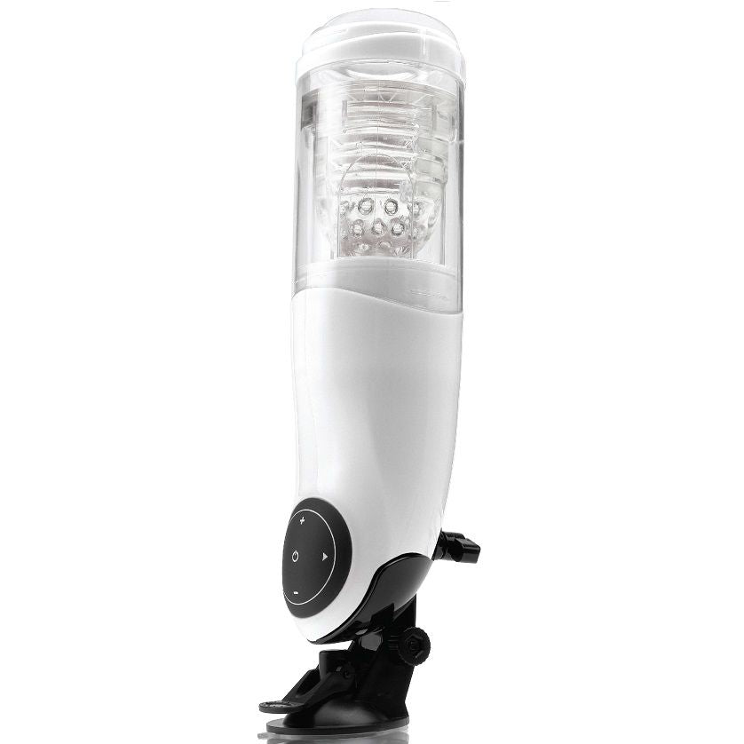 Masturbateur PDX Mega Bator blanc vu de profil, cylindre transparent avec insert texturé visible, panneau de commande noir et base ventouse repliée, photo verticale sur fond blanc.