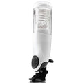 Masturbateur PDX Mega Bator blanc vu de profil, cylindre transparent avec insert texturé visible, panneau de commande noir et base ventouse repliée, photo verticale sur fond blanc.