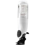 Masturbateur PDX Mega Bator blanc vu de profil, cylindre transparent avec insert texturé visible, panneau de commande noir et base ventouse repliée, photo verticale sur fond blanc.