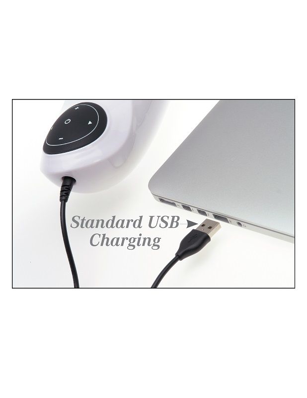 Gros plan sur le port de charge USB du Mega Bator relié par câble à un ordinateur portable, texte Standard USB Charging.