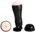 Masturbateur Crazy Bull Flora noir avec embout réaliste couleur chair, gros plan en médaillon sur l'ouverture vaginale et base ventouse noire présentée séparément.