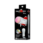 Boîte Crazy Bull Flora « Strong in men toys », packaging noir et rouge montrant l'ouverture réaliste, encart sur les coussinets de pression ajustables et mention Ultra-simulation.