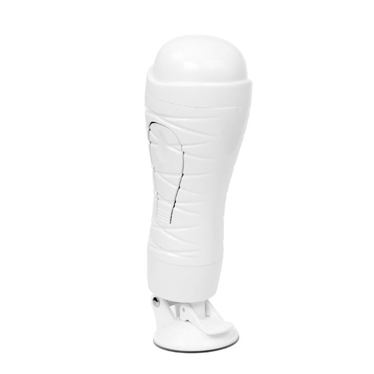 Masturbateur Crazy Bull Flora rechargeable, capuchon blanc fermé sur l'embout, corps texturé à motif torsadé, vue de trois quarts sur ventouse.