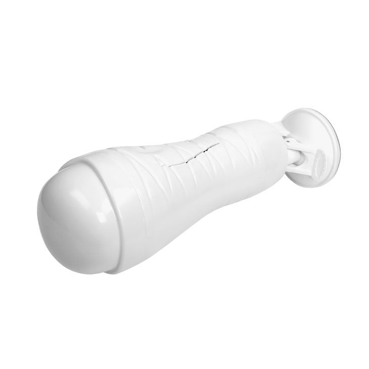 Masturbateur Crazy Bull Flora rechargeable vu en diagonale, embout arrondi fermé au premier plan et ventouse blanche vissée à la base.