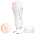 Masturbateur Crazy Bull Flora rechargeable blanc avec embout réaliste couleur chair, gros plan en médaillon sur l'ouverture vaginale et capuchon blanc présenté séparément.