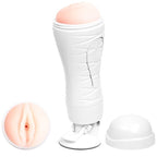 Masturbateur Crazy Bull Flora rechargeable blanc avec embout réaliste couleur chair, gros plan en médaillon sur l'ouverture vaginale et capuchon blanc présenté séparément.