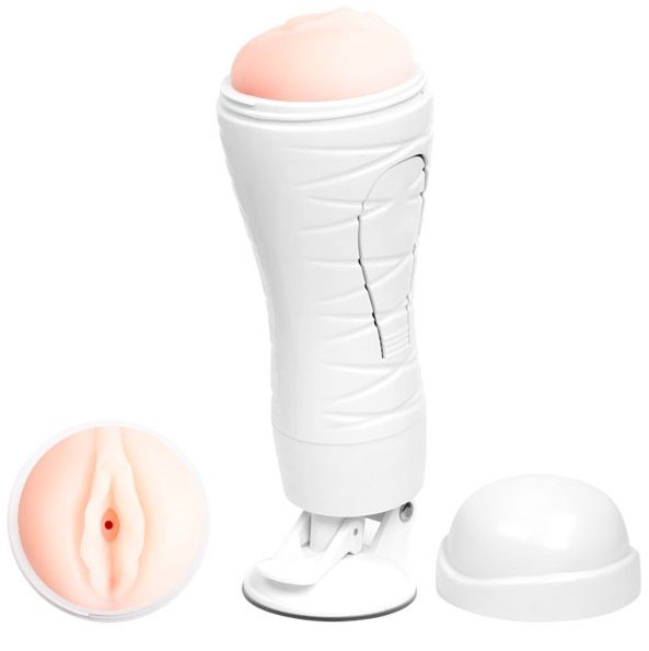 Masturbateur Crazy Bull Flora rechargeable blanc avec embout réaliste couleur chair, gros plan en médaillon sur l'ouverture vaginale et capuchon blanc présenté séparément.
