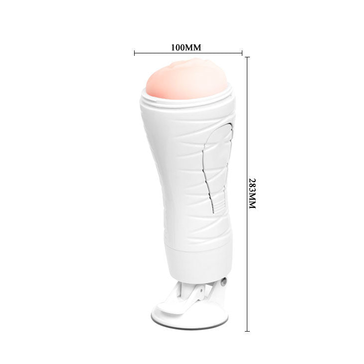 Masturbateur Crazy Bull Flora rechargeable avec dimensions annotées : 100 mm de diamètre pour 283 mm de longueur, embout couleur chair et ventouse à la base.