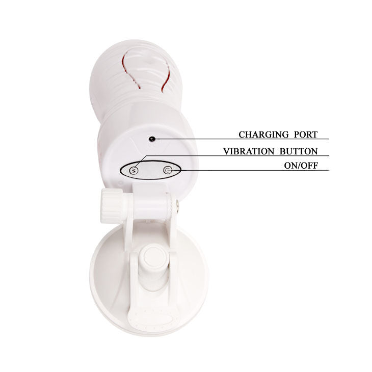 Gros plan sur l'extrémité du Crazy Bull Flora rechargeable annotant le port de charge, le bouton de vibration et l'interrupteur marche/arrêt.