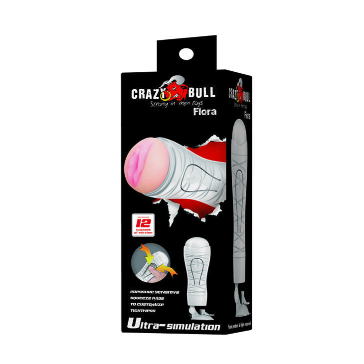 Boîte Crazy Bull Flora rechargeable « Strong in men toys », packaging noir et rouge, badge 12 fonctions de vibration et encart coussinets de pression ajustables, mention Ultra-simulation.