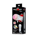 Boîte Crazy Bull Flora rechargeable « Strong in men toys », packaging noir et rouge, badge 12 fonctions de vibration et encart coussinets de pression ajustables, mention Ultra-simulation.