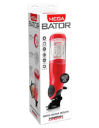 Boîte Mega Bator Mouth Pipedream Extreme, packaging rouge et blanc avec pictogrammes des fonctions et aperçu de l'insert texturé.