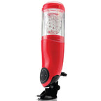 Masturbateur PDX Mega Bator rouge vu de profil, cylindre transparent avec texture interne visible, capuchon et panneau de commande, base ventouse repliée.