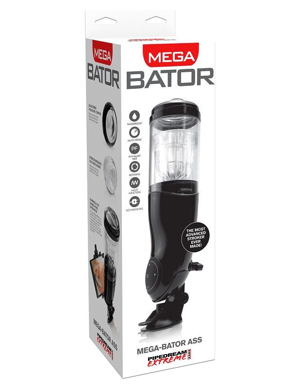 Boîte Mega Bator Ass Pipedream Extreme, packaging noir avec pictogrammes des fonctions (étanche, multi-vitesses, rotatif) et aperçu de l'insert texturé.
