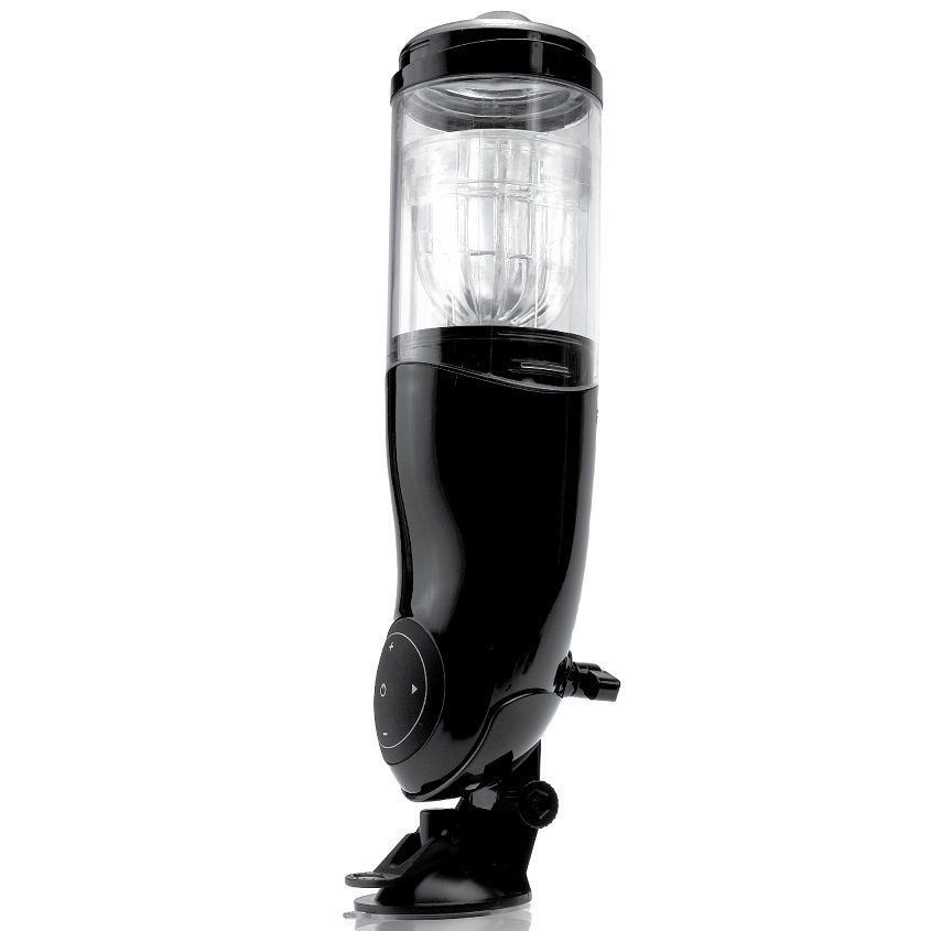 Masturbateur PDX Mega Bator noir vu de profil, cylindre transparent avec insert texturé visible, panneau de commande et base ventouse repliée, photo verticale sur fond blanc.