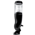 Masturbateur PDX Mega Bator noir vu de profil, cylindre transparent avec insert texturé visible, panneau de commande et base ventouse repliée, photo verticale sur fond blanc.