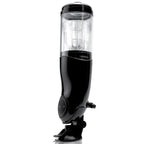 Masturbateur PDX Mega Bator noir vu de profil, cylindre transparent avec insert texturé visible, panneau de commande et base ventouse repliée, photo verticale sur fond blanc.