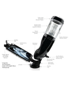 Schéma complet du Mega Bator monté avec support smartphone, annotant le manchon de plaisir, le système de suspension, les commandes tactiles et le port USB, mentions 5 vitesses, 10 fonctions, éclairage LED, étanche.