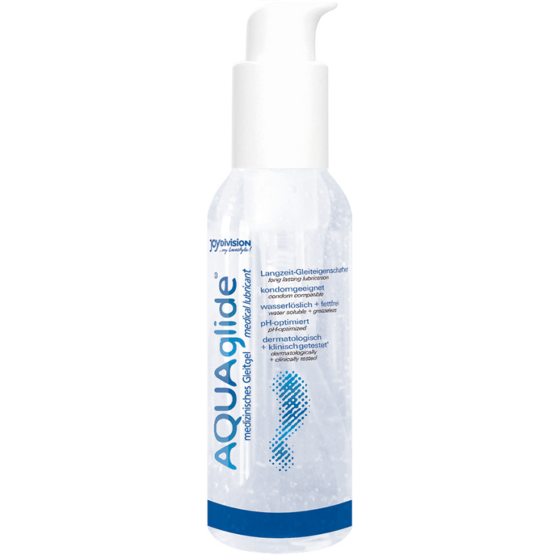 Flacon pompe AQUAglide lubrifiant base eau Joydivision, bouteille transparente design bleu, formule hydrosoluble sans graisse compatible preservatifs latex et jouets intimes