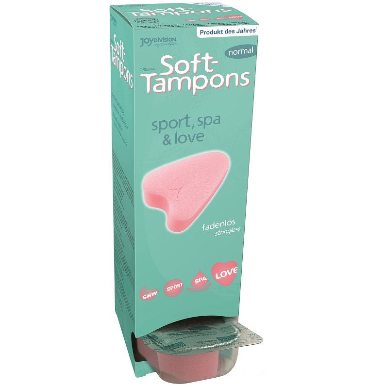 Boite Soft-Tampons normal Joydivision turquoise avec macaron Produit de l annee, visuel tampon mousse rose, tampons sans ficelle pour sport baignade et intimite