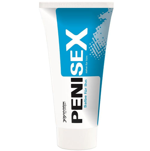 Tube PENISEX baume stimulant intime pour homme 50 ml Joydivision, design bleu et blanc Salbe fur Ihn, baume sensoriel a appliquer en externe, sans anatomie visible