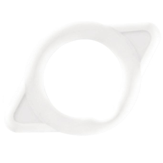 Anneau pénien Maximus Joydivision blanc translucide en silicone, vue de profil sur fond blanc, forme ovale avec deux ailerons latéraux.