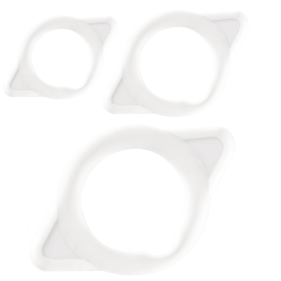 Trois bagues de penis en elastomere blanc translucide Joydivision sur fond blanc, anneaux souples tailles XS S M pour maintenir l erection et intensifier les sensations