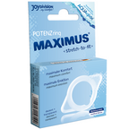 Boite POTENZring Maximus stretch to fit Joydivision, packaging bleu clair confort maximum erection maximale, visuel de l anneau penien souple transparent ajustable
