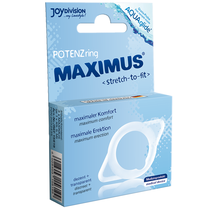 Boite POTENZring Maximus stretch to fit Joydivision, packaging bleu clair confort maximum erection maximale, visuel de l anneau penien souple transparent ajustable
