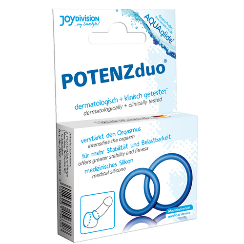 Boite Potenzduo Joydivision AQUAglide anneau penien bleu vue de face, packaging en silicone medical avec double boucle pour intensifier l orgasme du couple