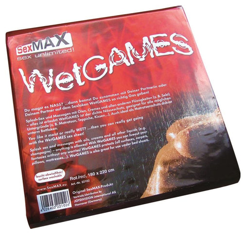 Boite WetGames SexMAX drap de jeu impermeable rouge Joydivision, packaging vue de face presentant le format 180 x 220 cm pour ebats glissants en couple