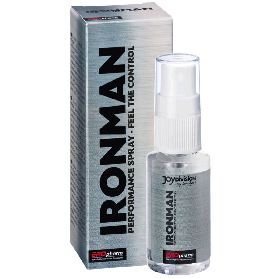 Boite et flacon spray Ironman Performance Spray retardant pour homme 30 ml Joydivision, design gris metallise, spray a usage externe pour prolonger les rapports