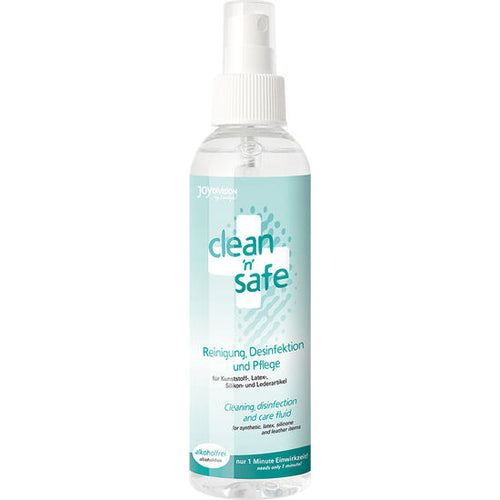 Flacon spray clean n safe nettoyant pour jouets intimes Joydivision, design turquoise et blanc, fluide desinfectant et soin pour entretenir les sextoys apres usage