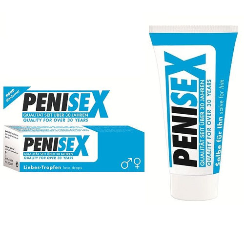 Boite PENISEX baume stimulant homme Joydivision, packaging bleu Liebes-Tropfen, texte qualite depuis 30 ans, symbole masculin, produit de soin intime sans visuel corporel