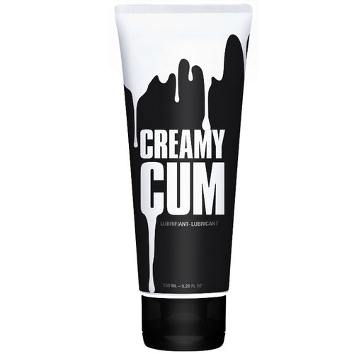Tube de lubrifiant Creamy Cum a base d'eau, vue de face, format 150 ml, design noir et blanc effet coulant laiteux, texture cremeuse onctueuse pour jeux de role