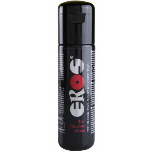 Bouteille noire Eros Toy Silicone Glide, lubrifiant base silicone pour sextoys, etiquette laterale, glisse soyeuse longue duree pour les rapports