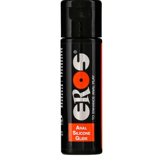 Bouteille noire Eros Anal Silicone Glide bande orange, lubrifiant anal silicone texture epaisse, formule concentree qui ne seche pas pour les jeux anaux