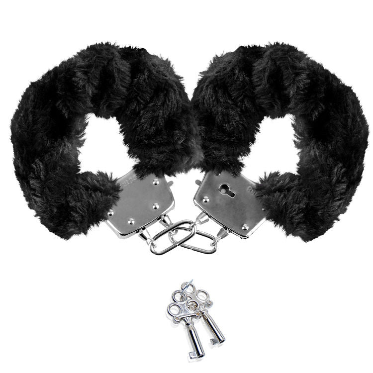 Paire de menottes metalliques doublees de fausse fourrure noire avec leurs cles, accessoire moelleux du Bondage Teaser Kit, sans element anatomique.