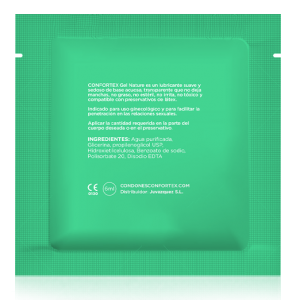 Dos d une dosette Confortex Gel Nature, lubrifiant base eau avec liste d ingredients et mentions CE, format unidose 6 ml compatible preservatifs latex