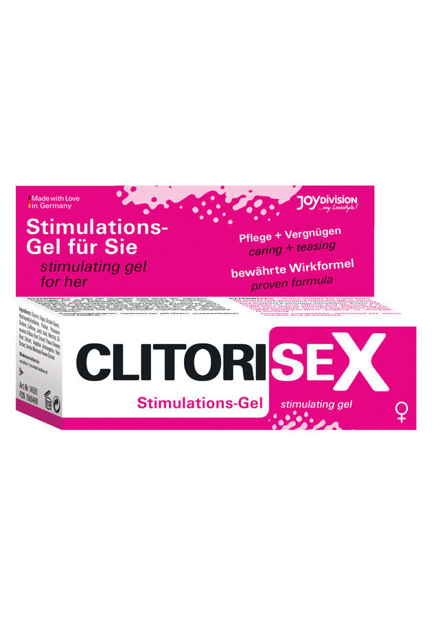 Boite CLITORISEX gel stimulant clitoridien Joydivision, packaging rose Stimulations-Gel fur Sie, symbole feminin, gel de stimulation intime sans visuel corporel
