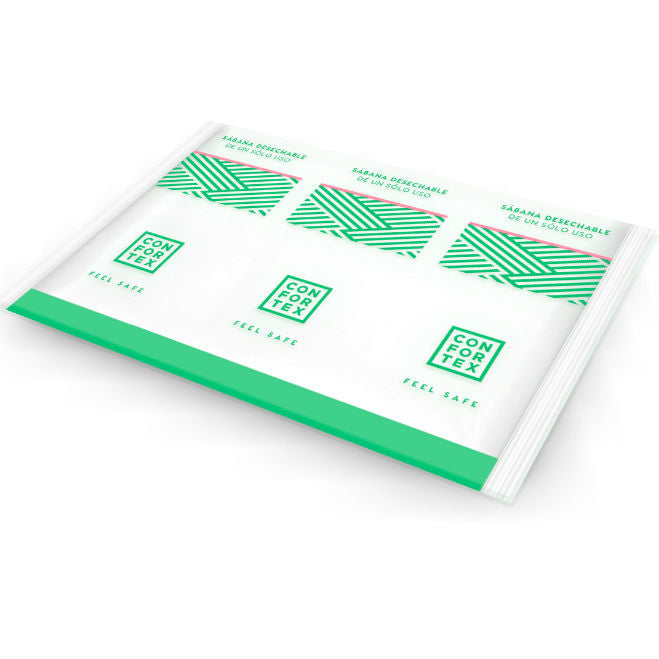 Feuilles de protection jetables Confortex en sachet individuel vues de trois quarts, protection hygienique du linge de lit lors des seances avec lubrifiant