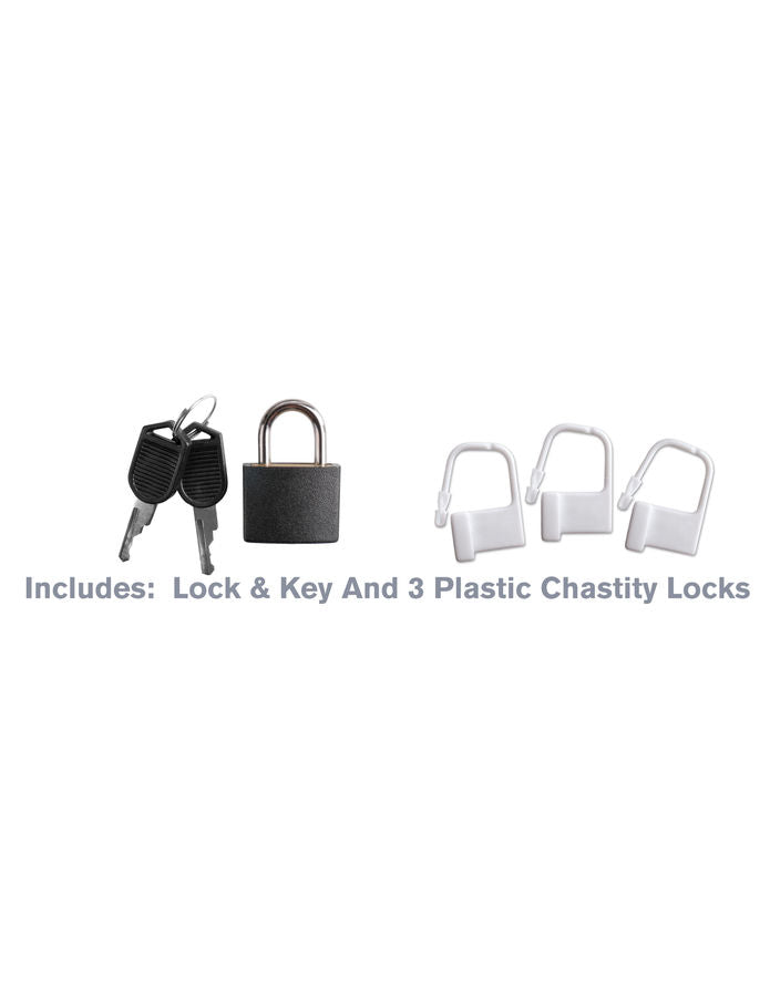 Accessoires de la cage de chastete : cadenas metal avec cles et trois verrous plastique transparents, visuel produit sans element anatomique.