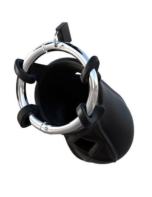 Cage de chastete souple en silicone noir vue de face, anneau acier ouvert et structure ajouree, accessoire de controle non anatomique.