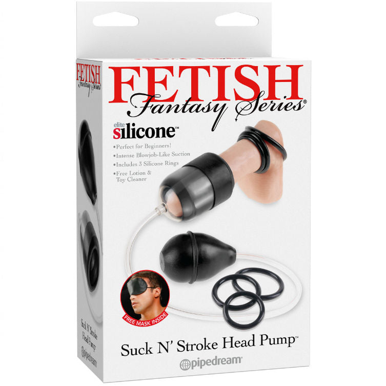 Boîte Fetish Fantasy Series Elite Silicone Suck N' Stroke Head Pump, packaging blanc et rouge Pipedream, encart masque offert et liste des inclus (3 anneaux, lotion, nettoyant).