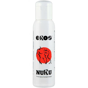 Flacon blanc Eros Nuru gel de massage corps a corps, logo rouge japonisant, riche en mineraux, s'active a l'eau pour des glissades sensuelles