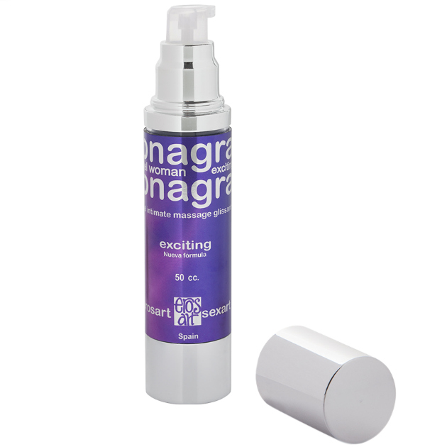 Gel intime stimulant Onagra Woman effet chaud-froid 50 ml, flacon violet a pompe et capuchon argente, a masser sur la zone intime pour augmenter la sensibilite.