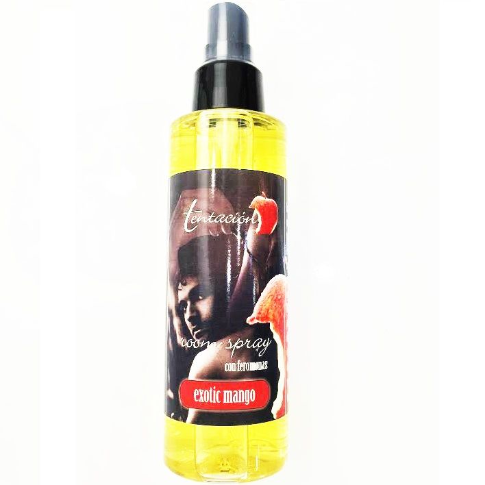 Spray corporel d'ambiance Tentacion mangue exotique aux pheromones, flacon jaune a pompe etiquette sombre, note gourmande pour poser une ambiance sensuelle