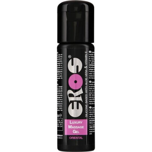 Flacon noir Eros Luxury Massage Gel Oriental, gel de massage base silicone parfum oriental enrichi aloe vera et vitamine E, glisse longue duree